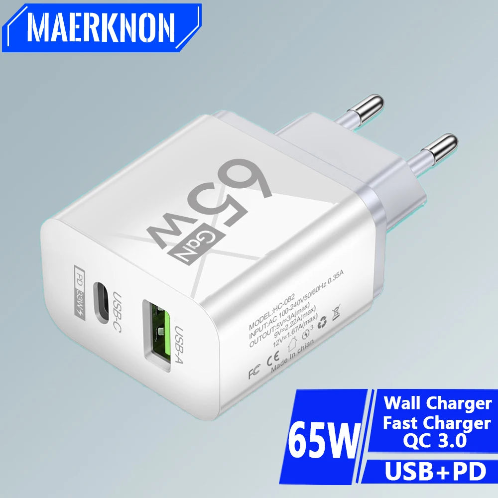 GaN 65W 2Ports PD+USB Quick Charger 3.0 Type C Fast Charging for iPhone 15 Xiaomi Huawei Samsung Wall Charger Adapter EU/US Plug