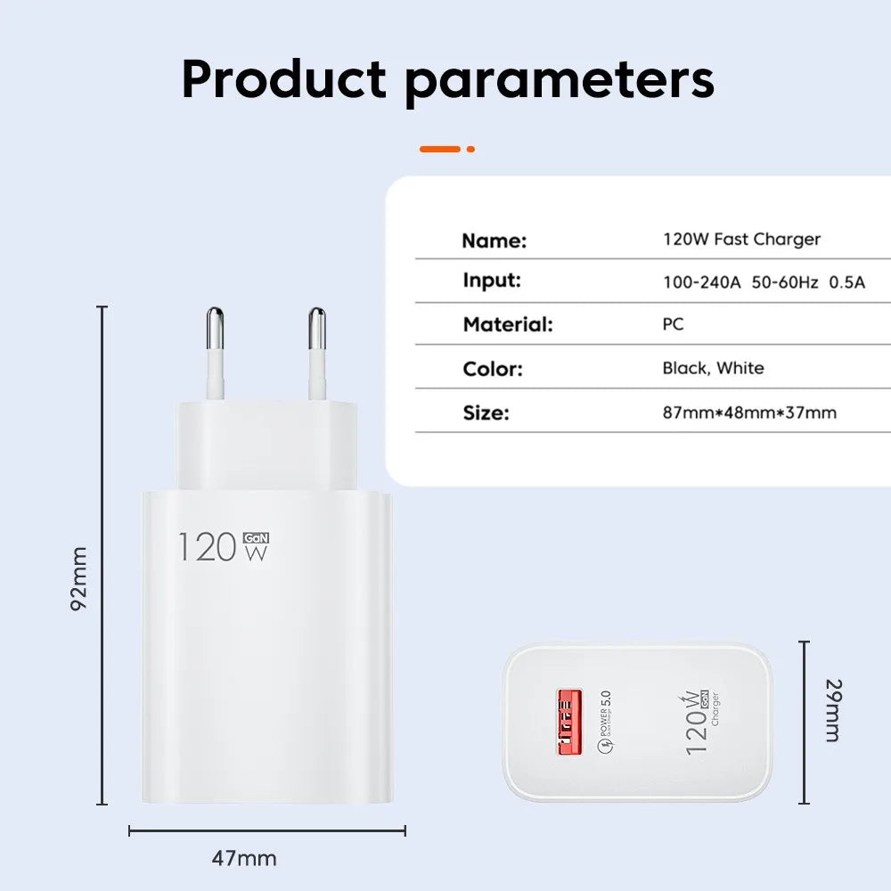 USB Charger GaN Fast Charging QC3.0 USB C Type C Cable Mobile Phone Charger Adapters For iPhone Huawei Samsung Xiaomi EU/US Plug