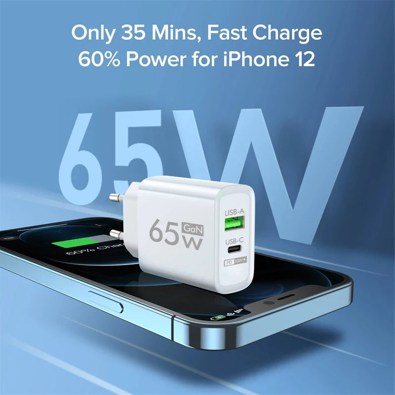 GaN 65W 2Ports PD+USB Quick Charger 3.0 Type C Fast Charging for iPhone 15 Xiaomi Huawei Samsung Wall Charger Adapter EU/US Plug