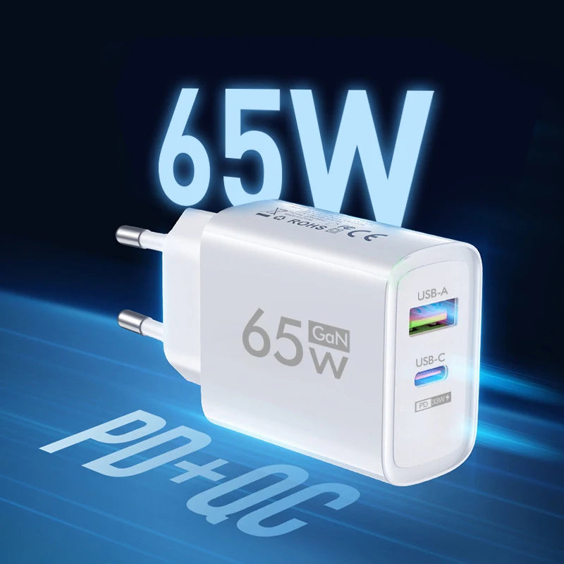 GaN 65W 2Ports PD+USB Quick Charger 3.0 Type C Fast Charging for iPhone 15 Xiaomi Huawei Samsung Wall Charger Adapter EU/US Plug