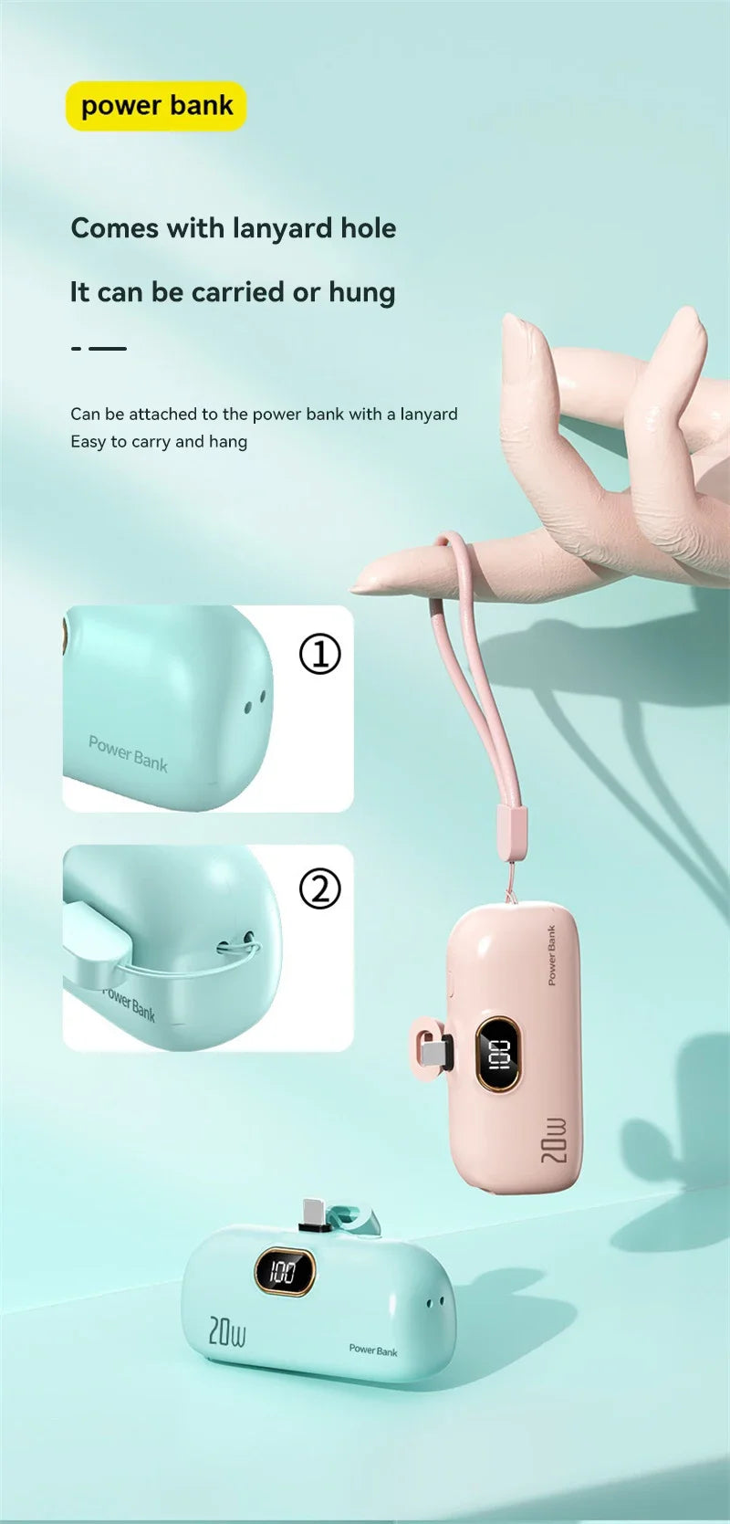 Xiaomi Mini Power Bank 30000mAh Built Cable Portable Mobile Phone Charger External Battery Capsule Powerbank For Type-C