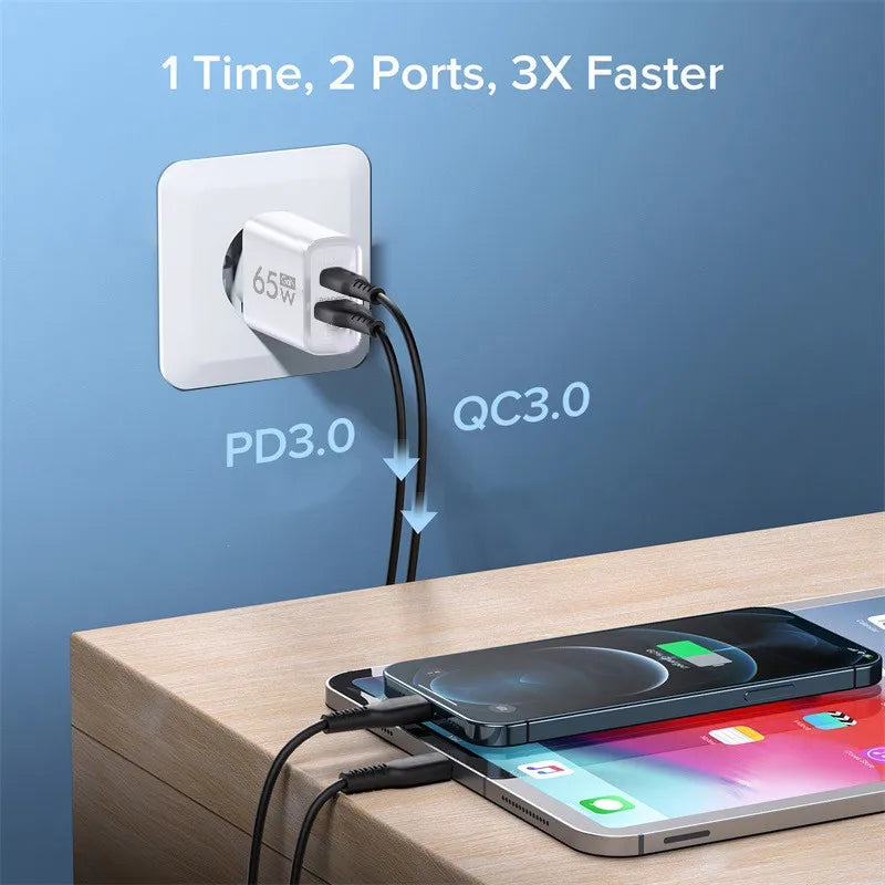 GaN 65W 2Ports PD+USB Quick Charger 3.0 Type C Fast Charging for iPhone 15 Xiaomi Huawei Samsung Wall Charger Adapter EU/US Plug