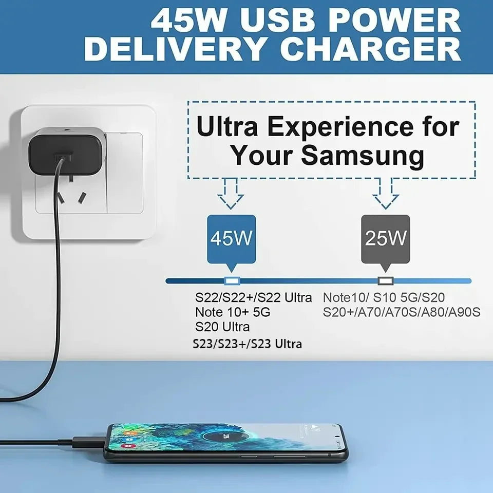 PD 45W Super Fast Charger For Samsung Galaxy S24 Ultra S23 S22 S21 S20 Note 10 20 Plus A54 A53 5G USB Type C Fast Charging Cable