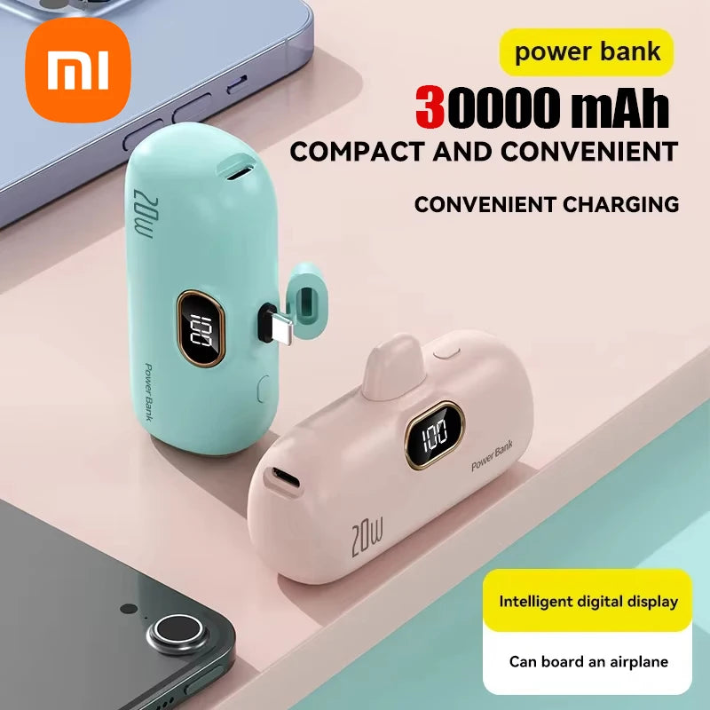 Xiaomi Mini Power Bank 30000mAh Built Cable Portable Mobile Phone Charger External Battery Capsule Powerbank For Type-C